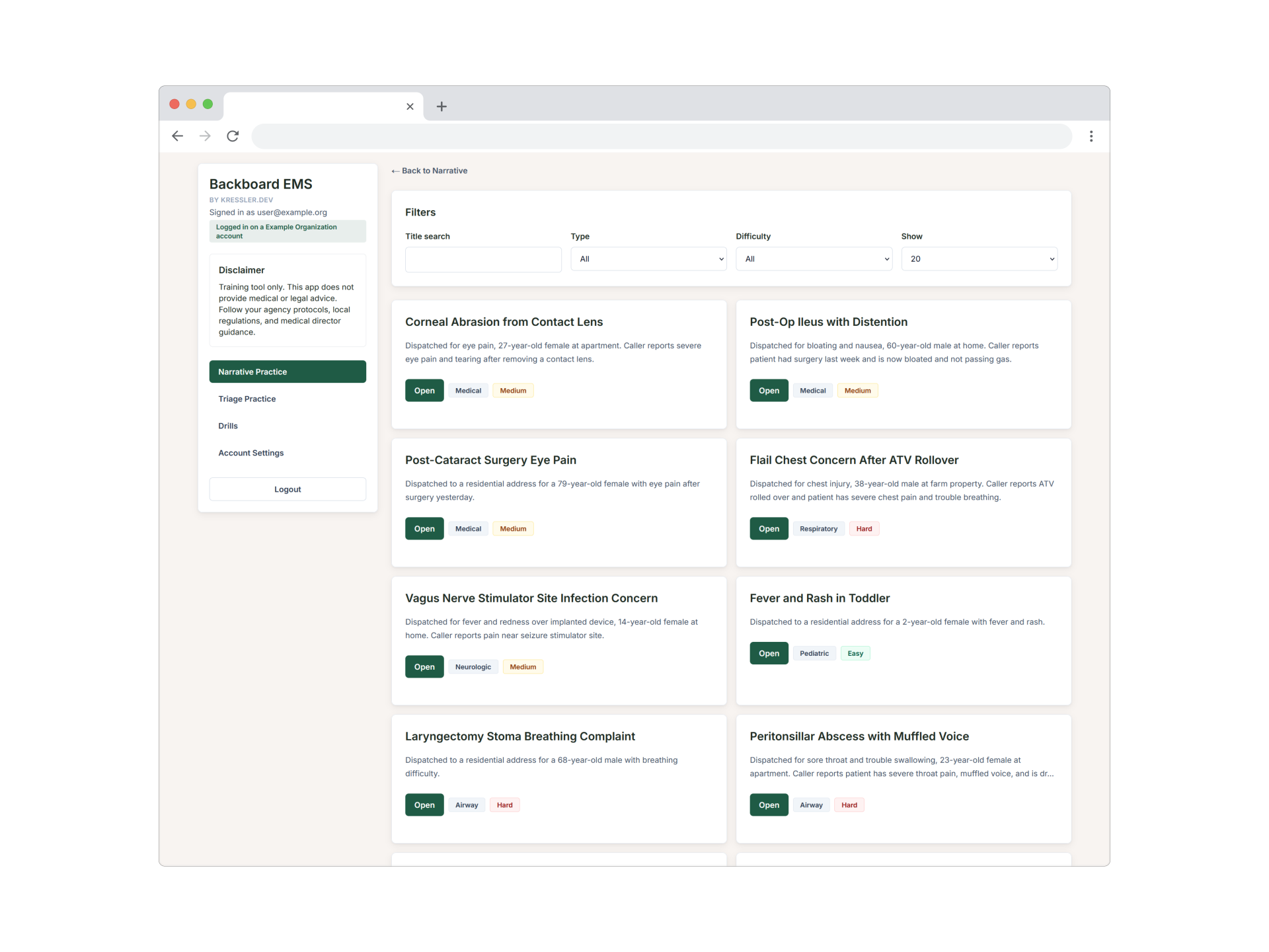 Backboard EMS scenario browser