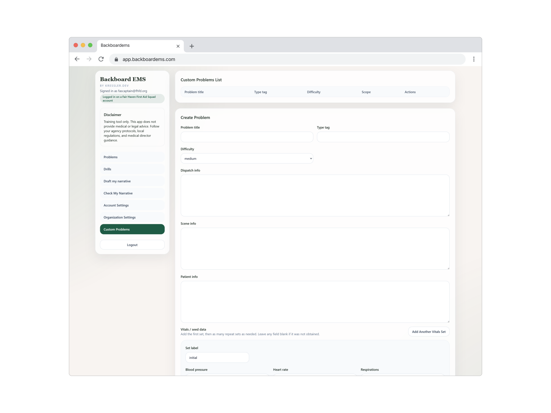 Backboard EMS custom problem creation