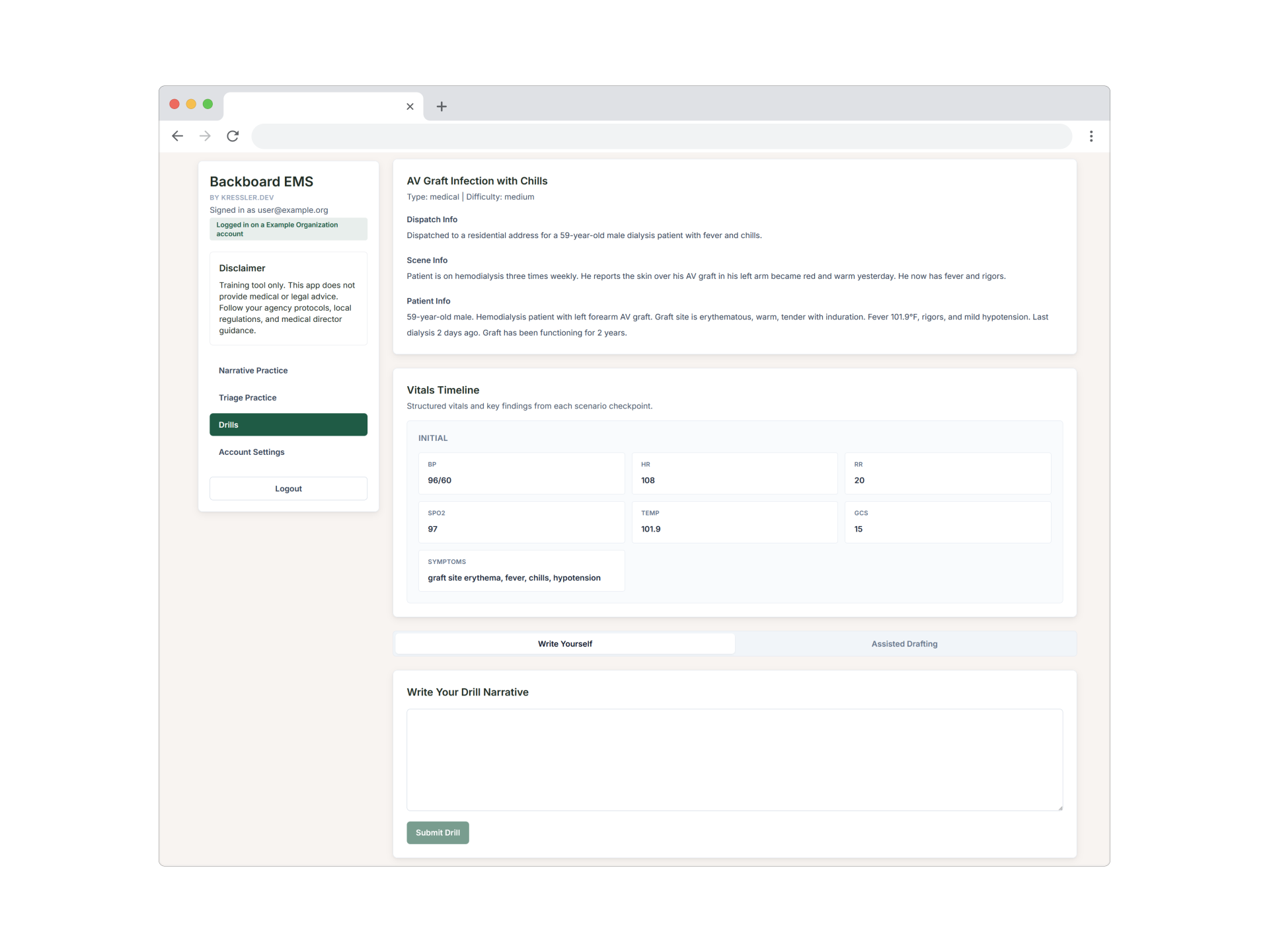 Backboard EMS narrative drills dashboard