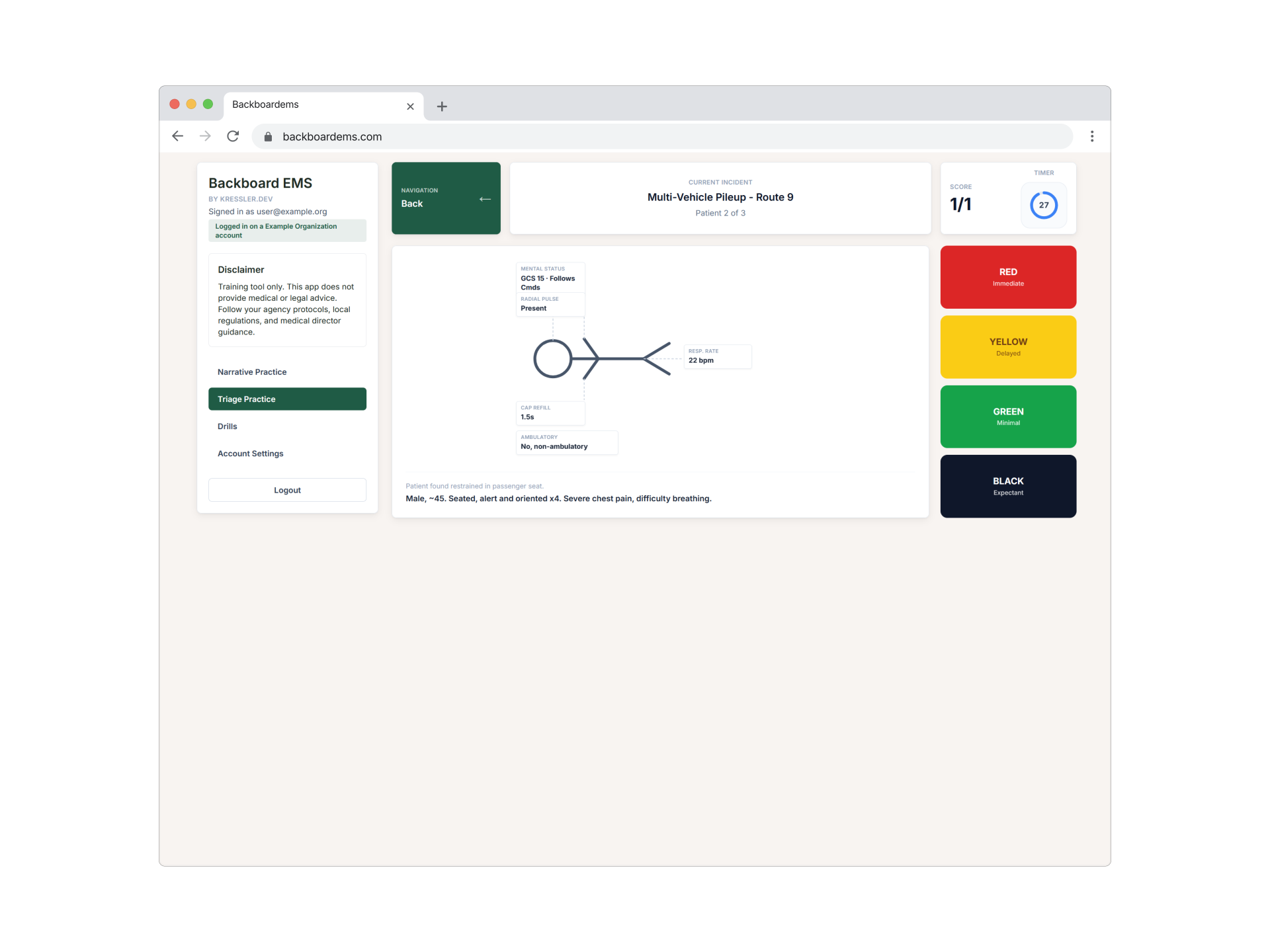 Backboard EMS MCI triage training interface